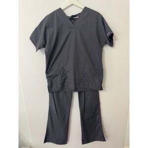 Cherokee Workwear Women's Scrub Set Dark Grey Charcoal V Neck Flare Pants‎ Med T